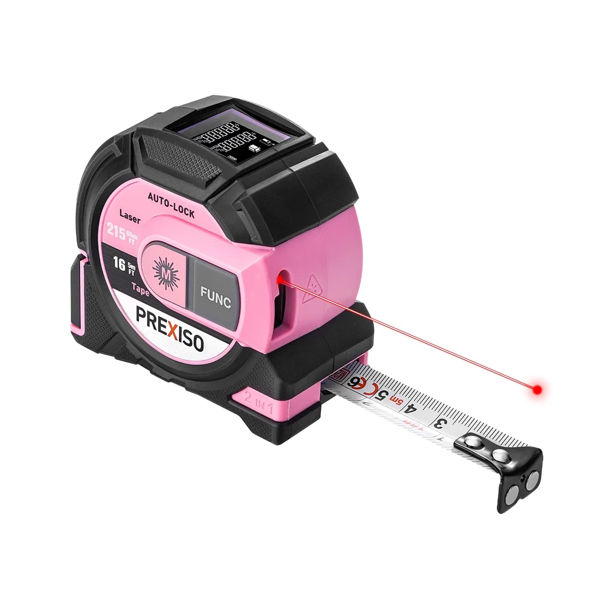 PREXISO 2-in-1 Laser Tape Measure 215Ft Laser 16Ft Tape Pink Black — product photo