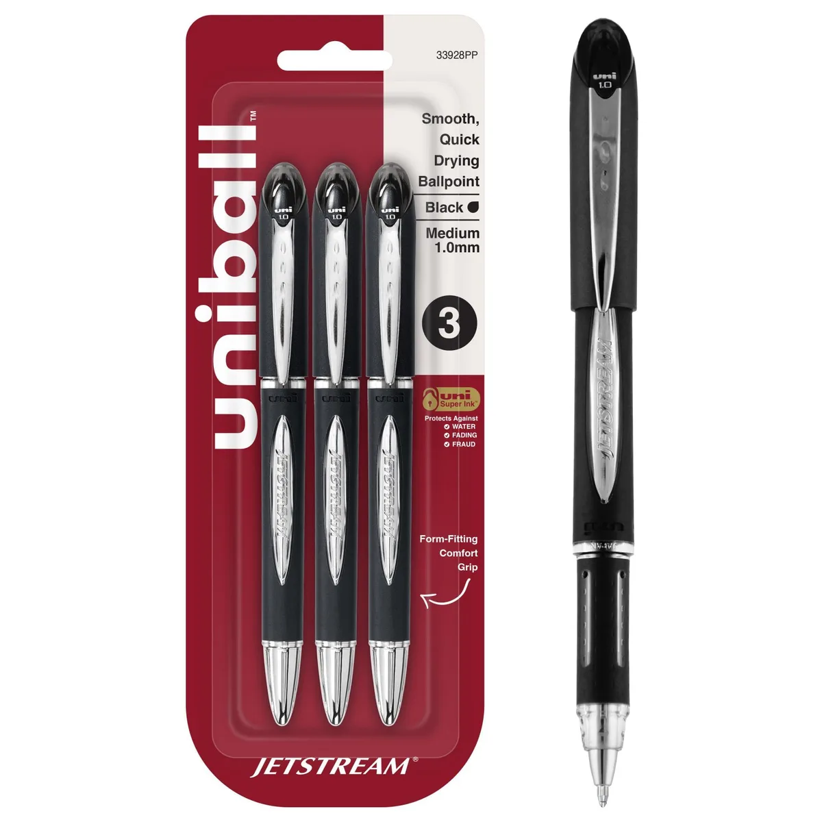 Three retractable black ballpoint pens with embossed grips and stainless steel accents