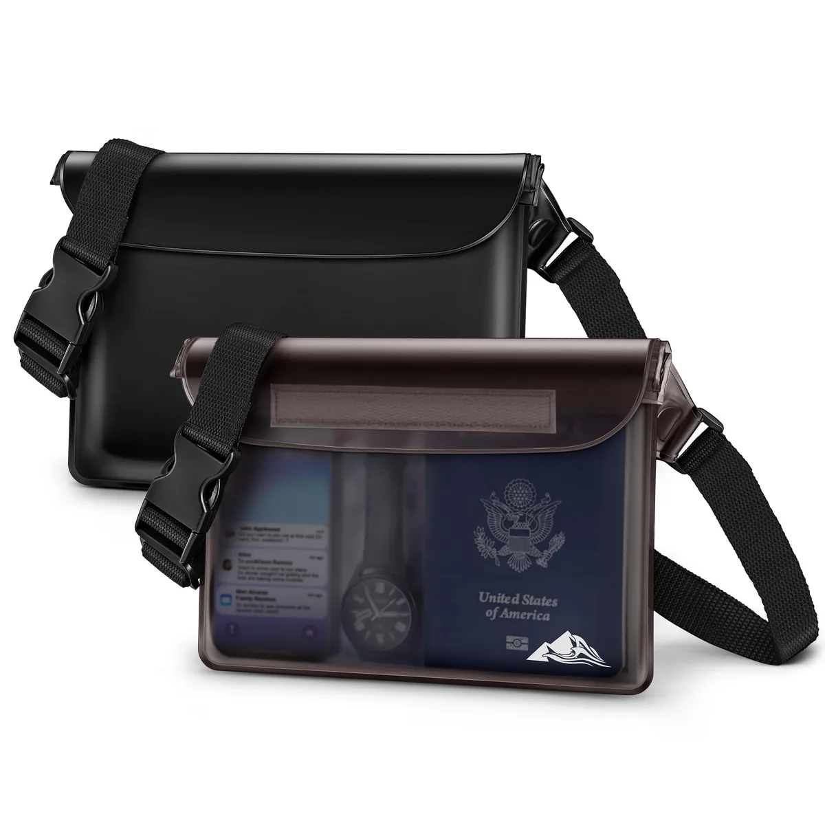 Black nylon waterproof waist pack, zip and Velcro closure, clear front window, 47-inch adjustable strap