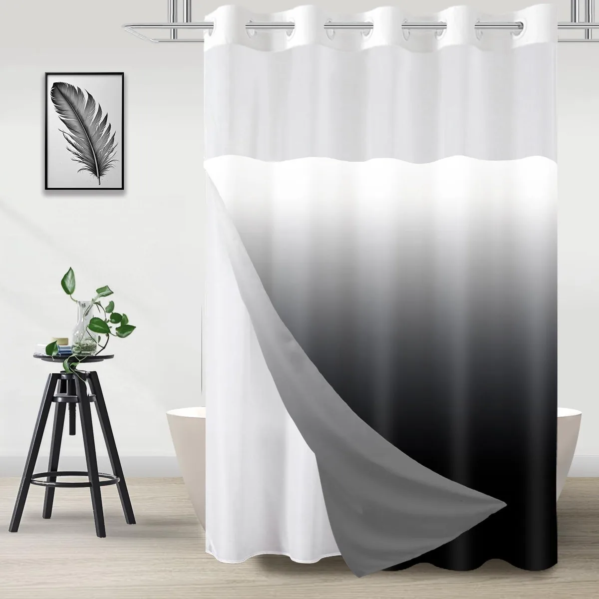 Ombre black shower curtain with built-in flex rings and snap-in liner, 71 by 74 inches