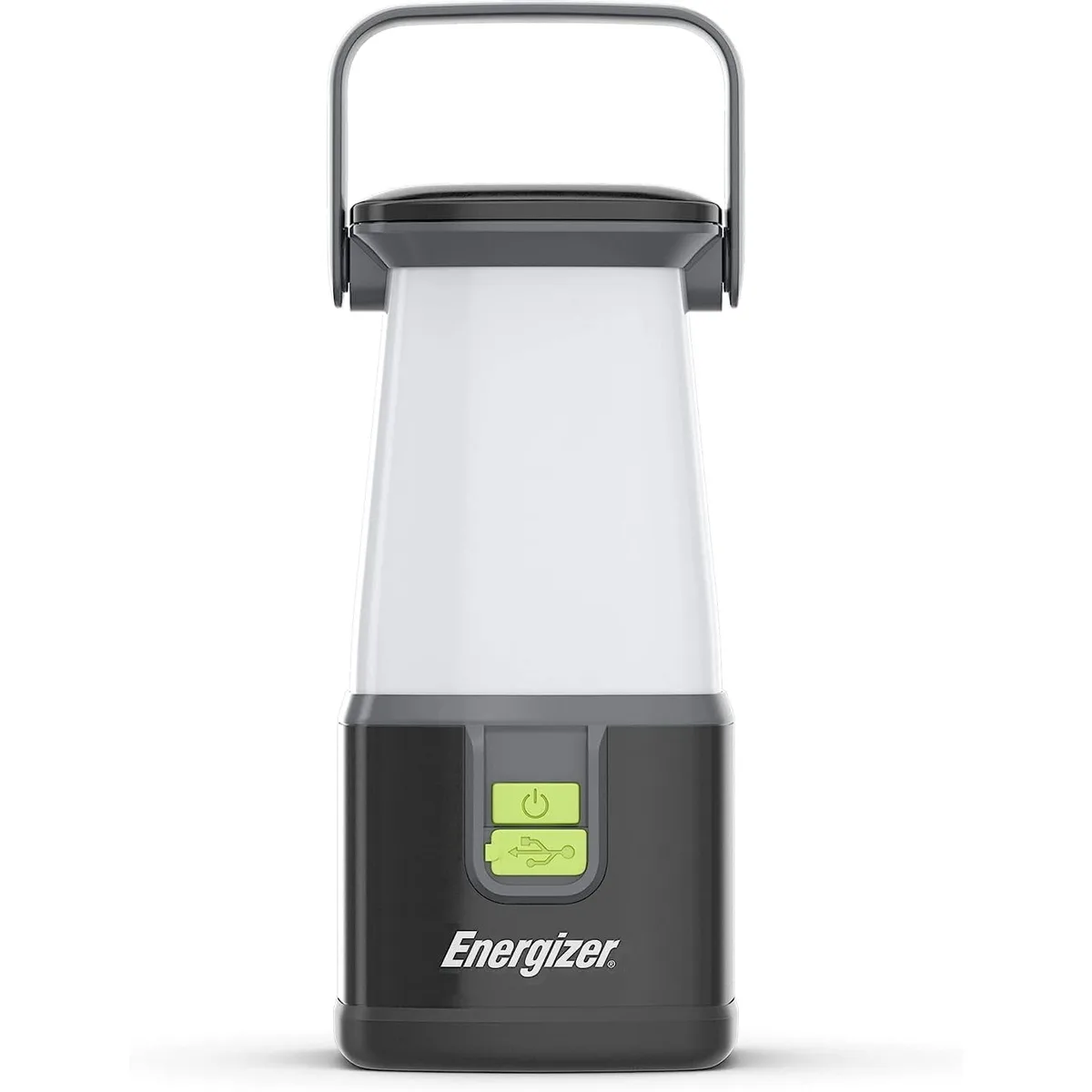 Cylindrical white lantern with grey accents and top carry handle