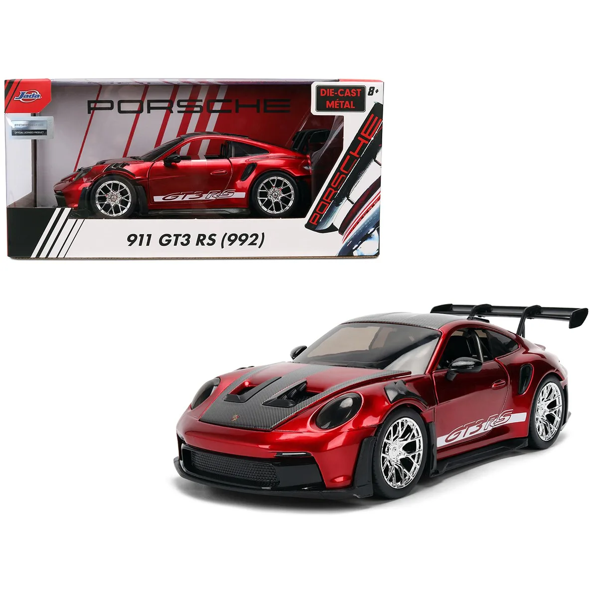 Jada Jada Porsche 911 (992) GT3 RS Red Chrome Carbon Top Hood Stripes Hyper-Spec 1/24 Diecast — product photo
