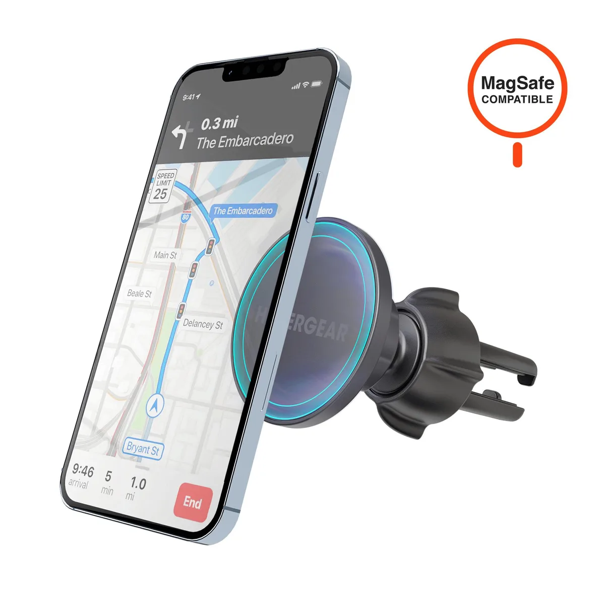 Black MagSafe vent mount with magnetic ring and 360° swivel ball joint