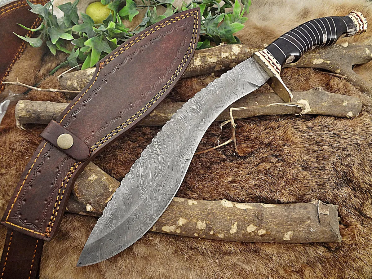 Damascus Depot Damascus Depot Kukri Knife 15 Inches 10 Inch Blade Bull Horn Scale Brass Guard Leather Sheath — product photo