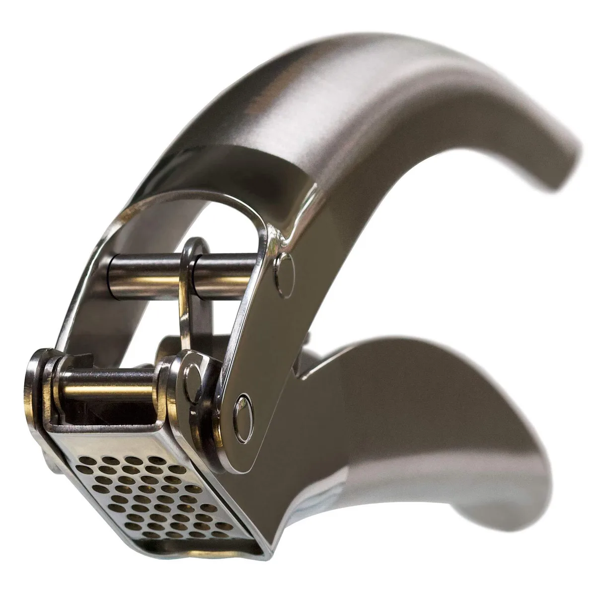 Stainless steel garlic press with double lever handles and open reservoir