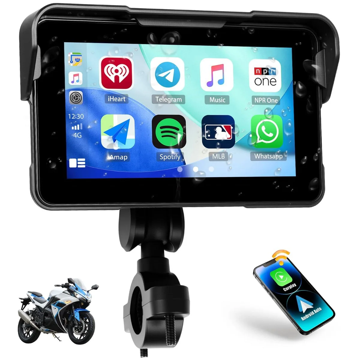 Rectangular 5 inch waterproof touchscreen with handlebar mount