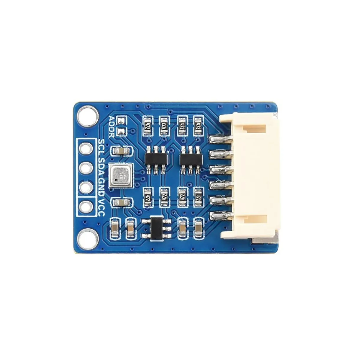 Small green circuit board with silver sensor chip and pin headers