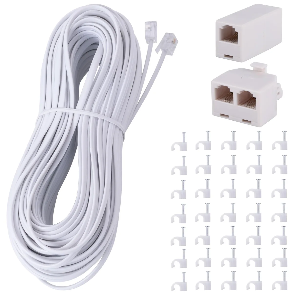 GE Phone Cable 25ft Black RJ11 Male-to-Male with Splitter Coupler 35 Clips — product photo