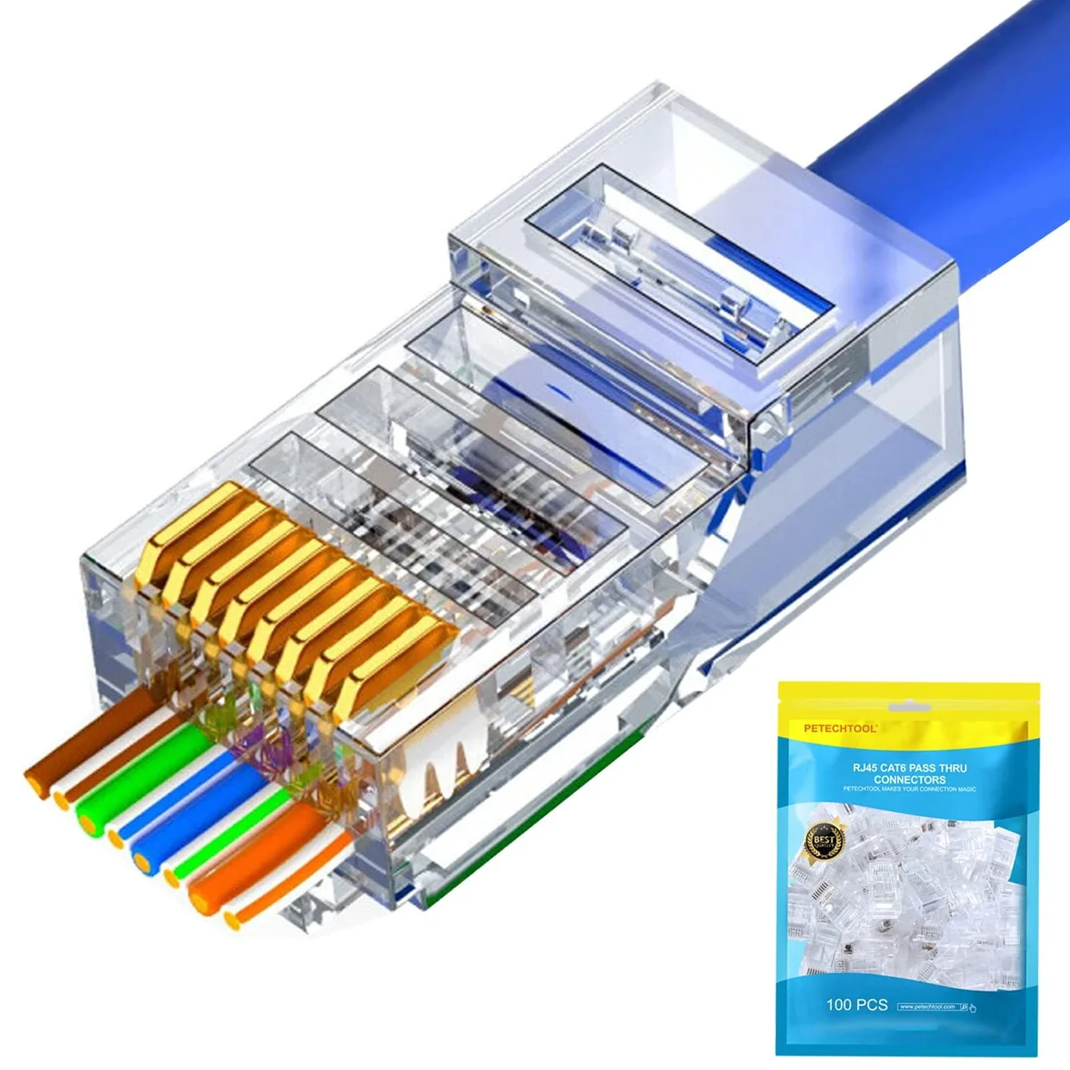Clear plastic RJ45 pass-through connectors with gold contacts, 100 pack