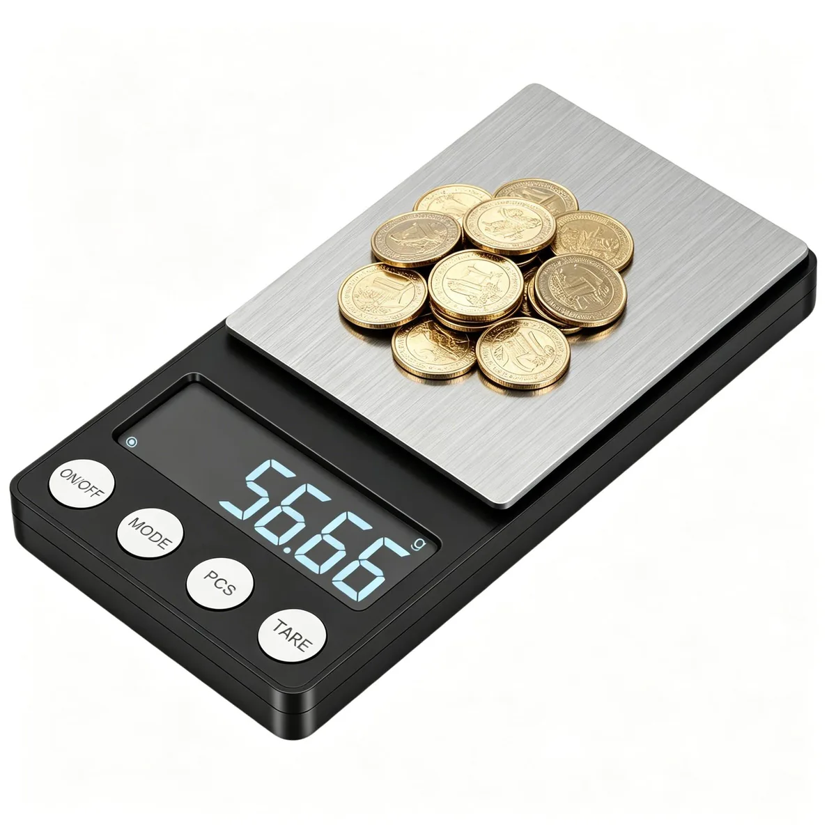 Twelve black pocket digital gram scales with stainless steel platforms and backlit LCD displays