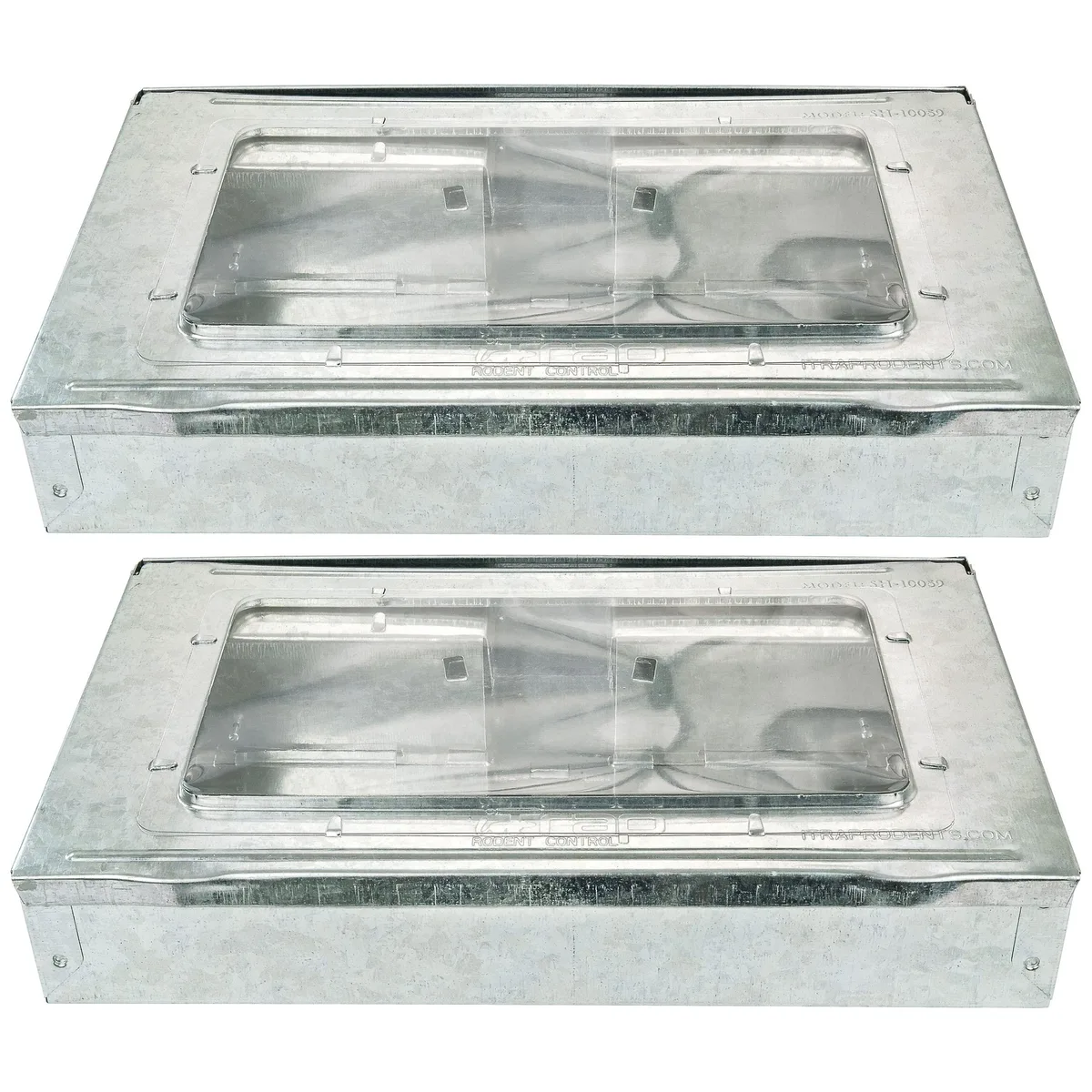 Two silver rectangular humane mouse traps with clear window panels