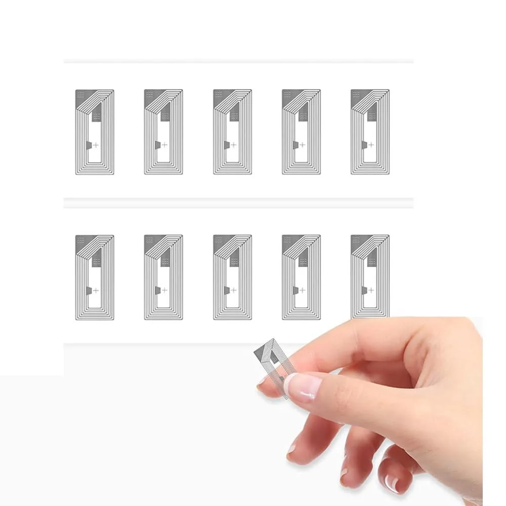 Ten transparent NFC flag stickers 11 by 21 millimetres on a sheet