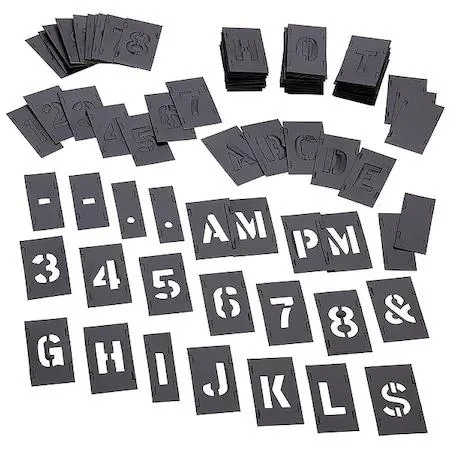 Black plastic stencil set, letters numbers symbols, 0.015 in thick