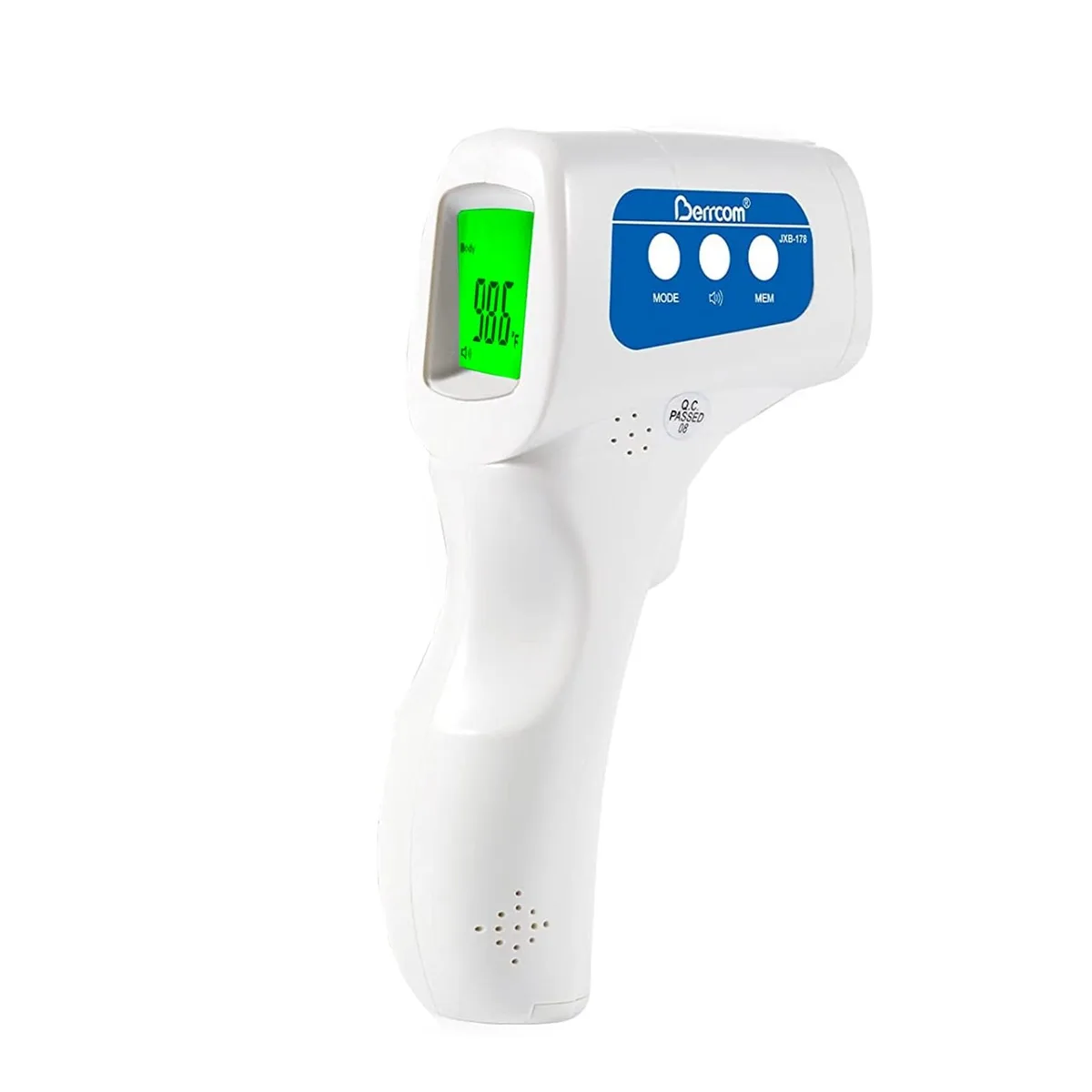 Handheld infrared thermometer with multicoloured casing and LCD screen