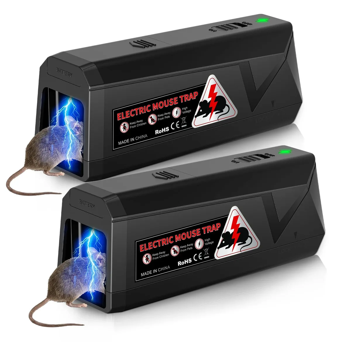 Two white rectangular electronic mouse traps with removable base trays and indicator lights