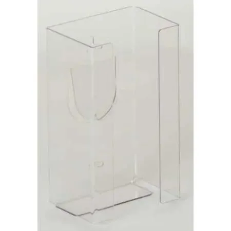 Clear acrylic wall-mounted glove dispenser, vertical box orientation, top-load design