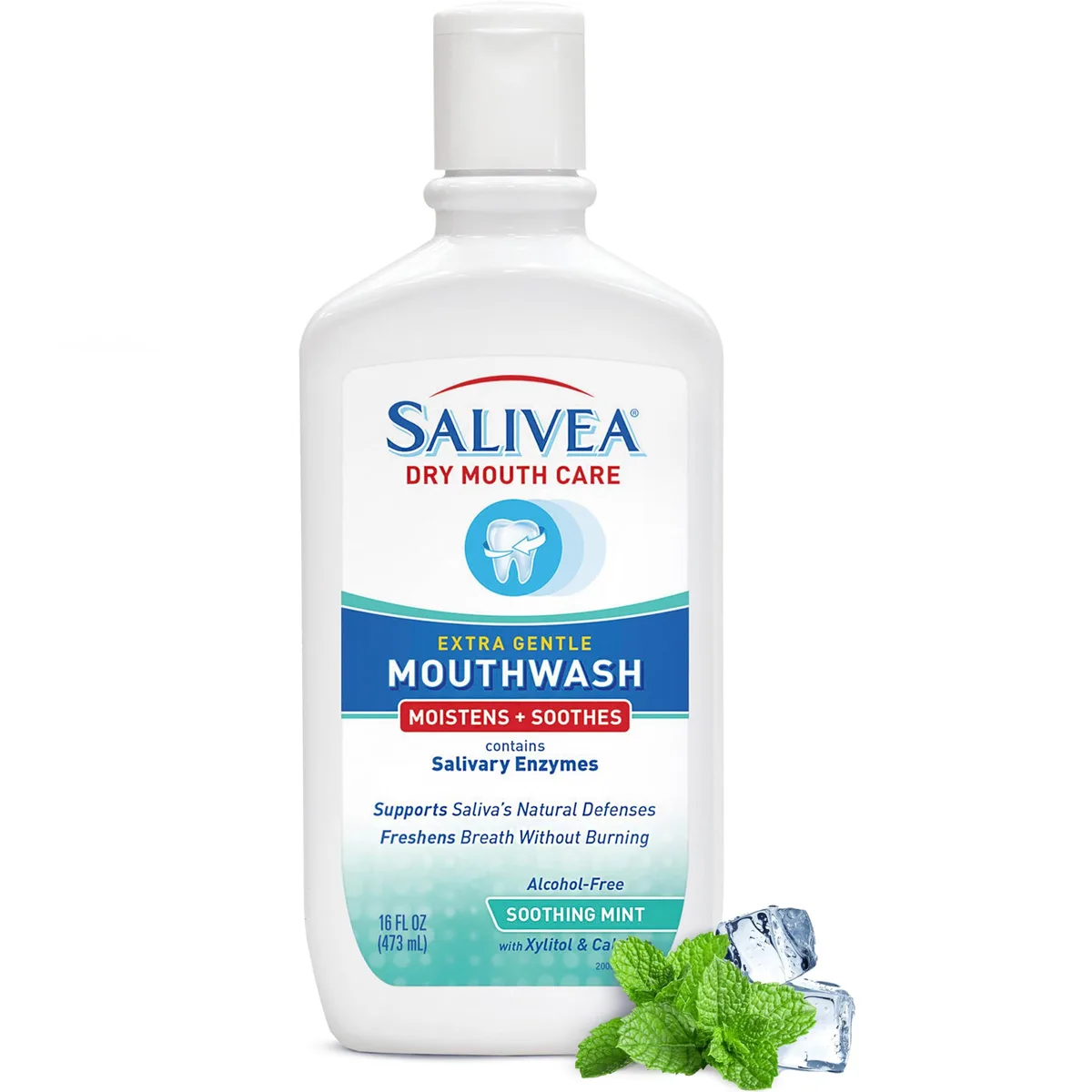 Clear 16 fl oz bottle with mint mouthwash liquid and white cap