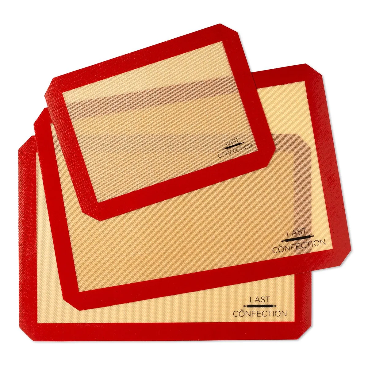 Three flexible silicone baking mats in light grey, two large rectangles and one smaller rectangle
