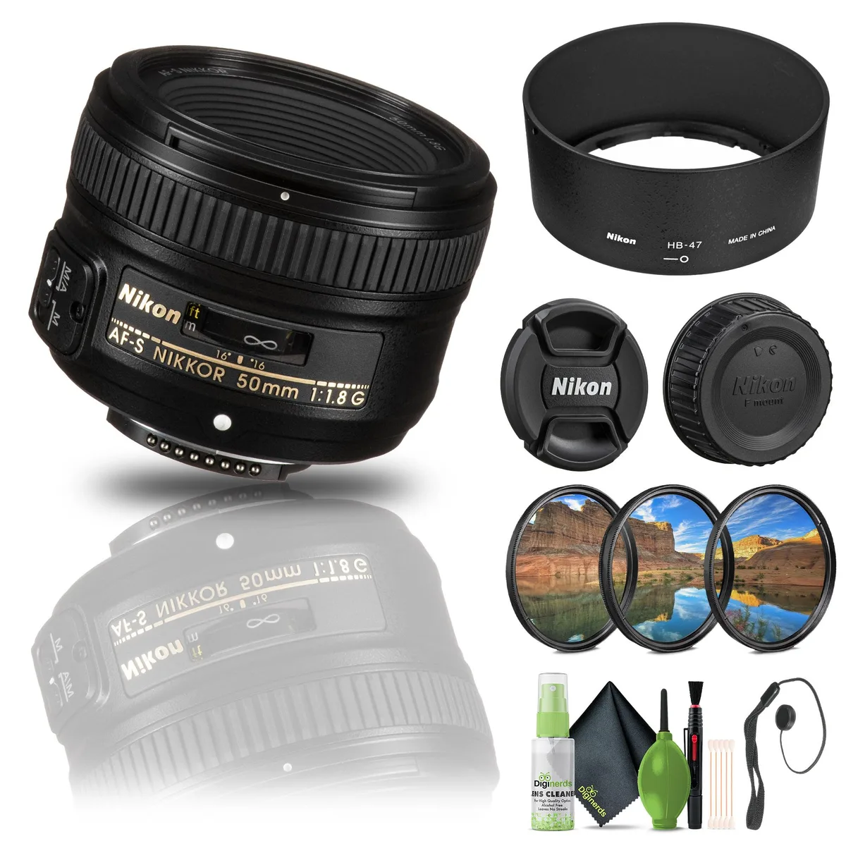 Nikon Inc Nikon AF-S NIKKOR 50mm f/1.8G Lens (2199) Filter Kit Cap Keeper Cleaning Kit Bundle camera lens — product photo