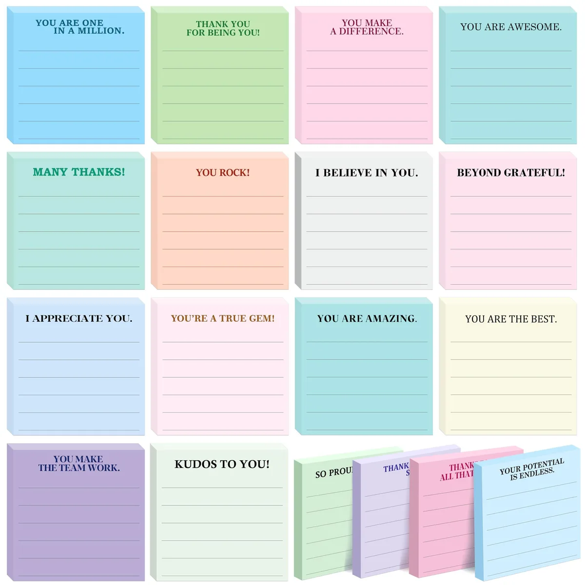 Square pastel sticky note pads in a bulk pack, each pad printed with motivational quotes and lined pages