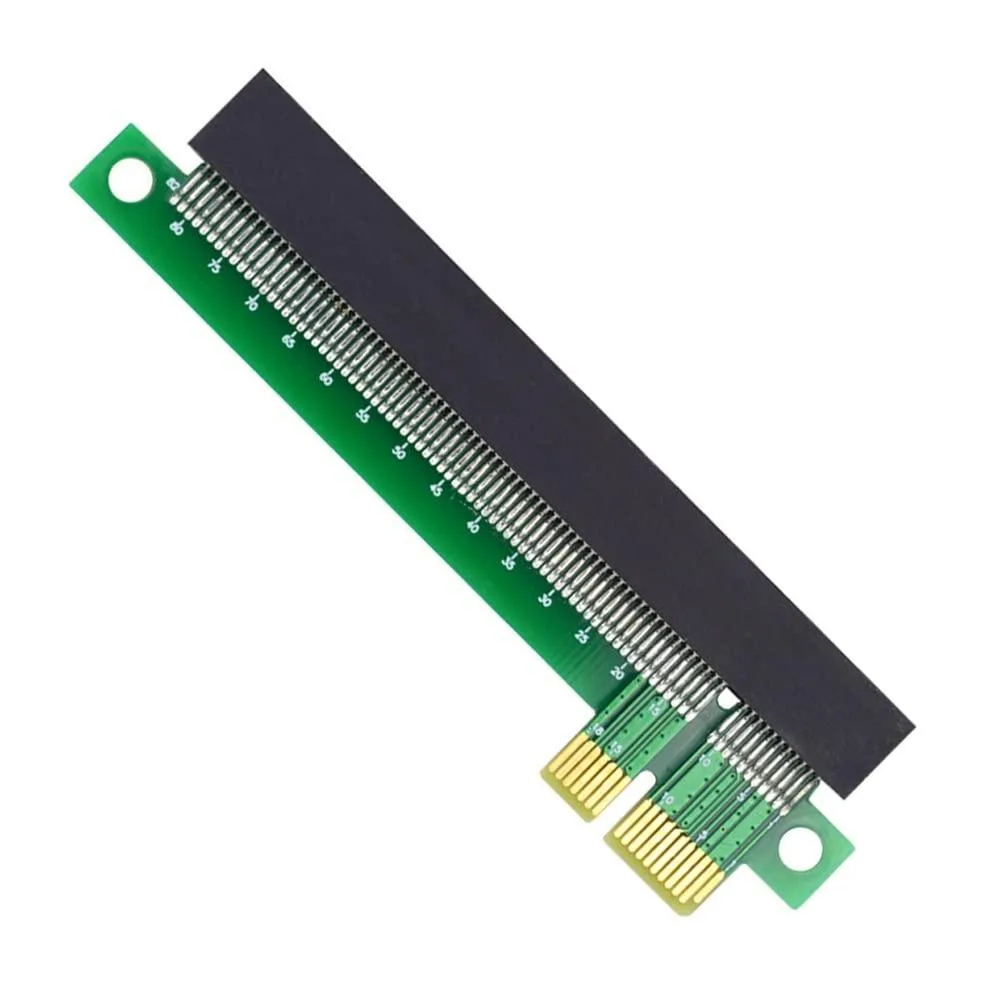 Green circuit board with PCIe x1 male edge connector and x16 female slot, flexible ribbon cable between them