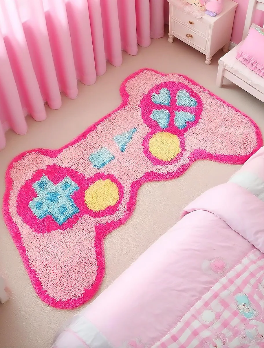Pink controller-shaped area rug with plush surface and non-slip backing
