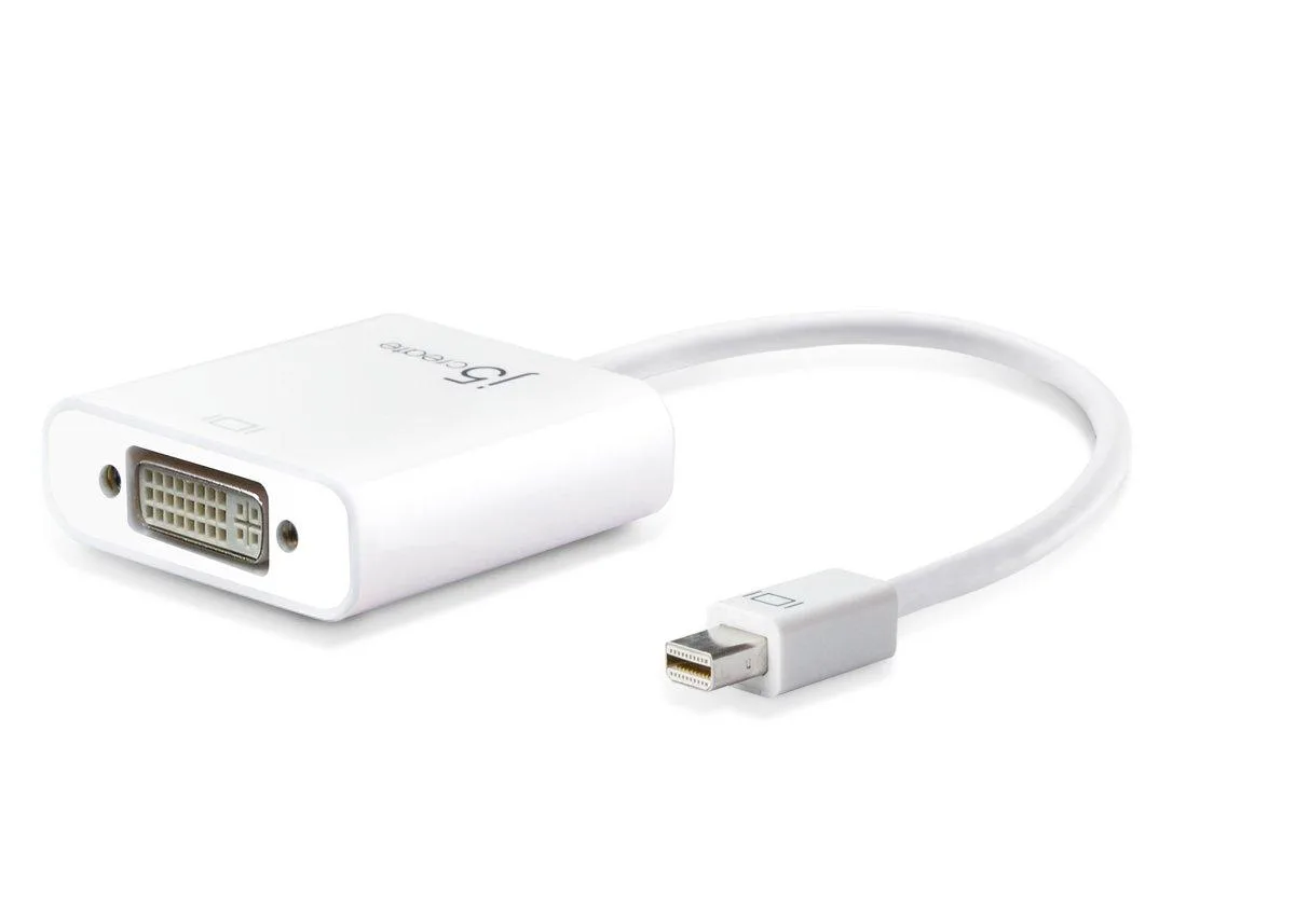 White compact adapter with Mini DisplayPort male and DVI female connectors