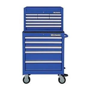 Blue steel tool chest cabinet combo 26 inches wide 14 drawers powder coated finish gas lift lid aluminum pulls