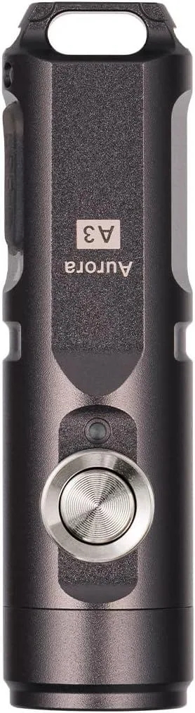 Small gun-grey keychain flashlight with clip and magnetic base, 2.4 inches long and .85 oz