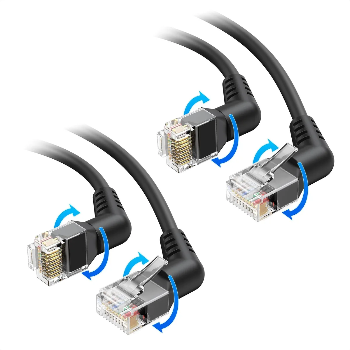Two black Cat 6 Ethernet cables with rotatable RJ45 connectors