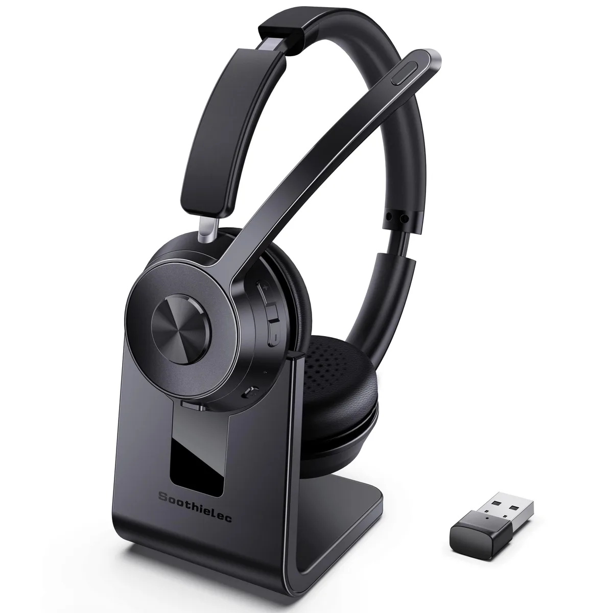 Black over-ear headset with microphone and USB dongle
