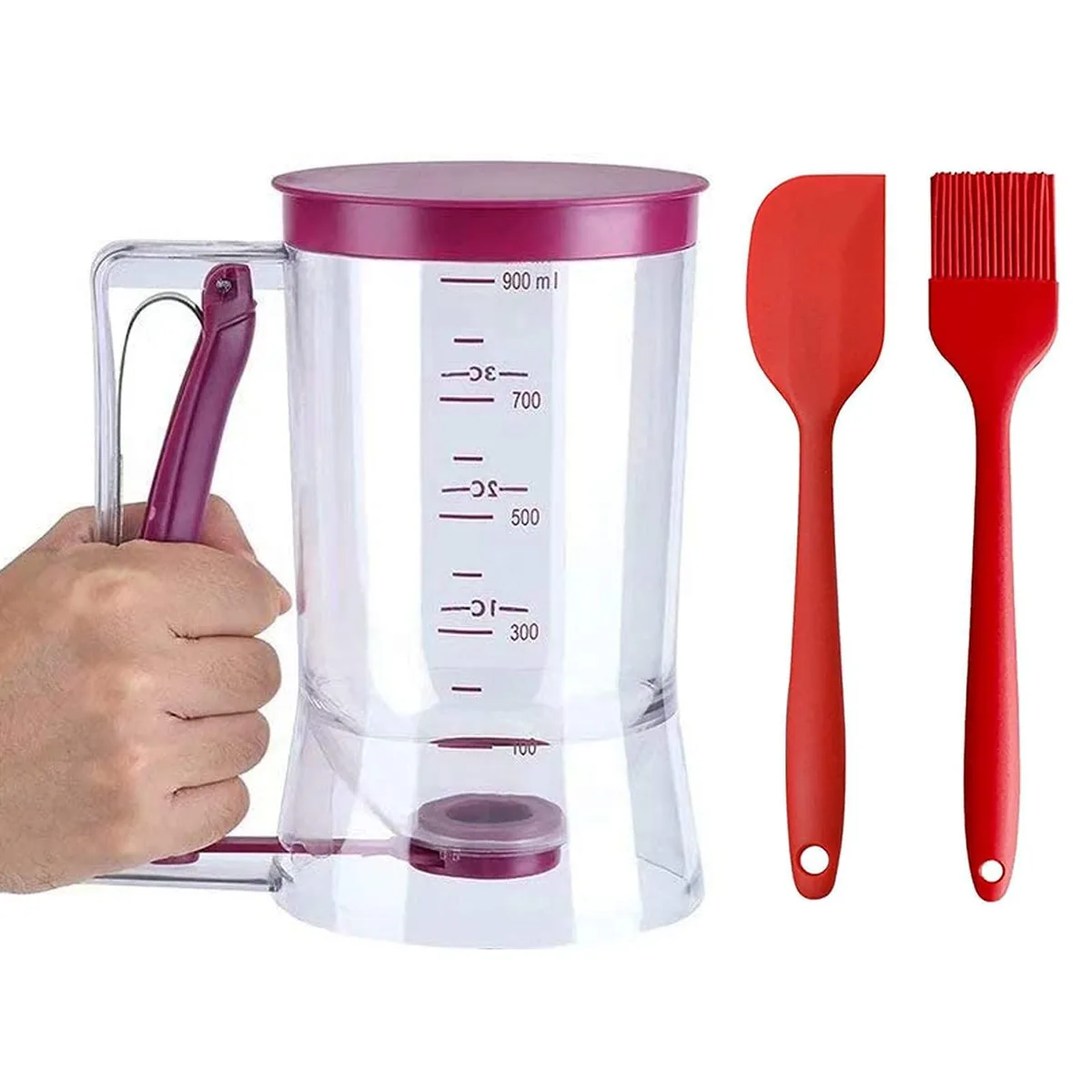 Clear plastic batter dispenser with measuring marks and trigger handle