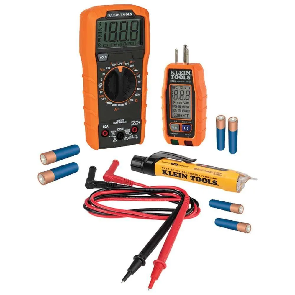 Klein Tools electrical test kit with multimeter, voltage tester and receptacle tester