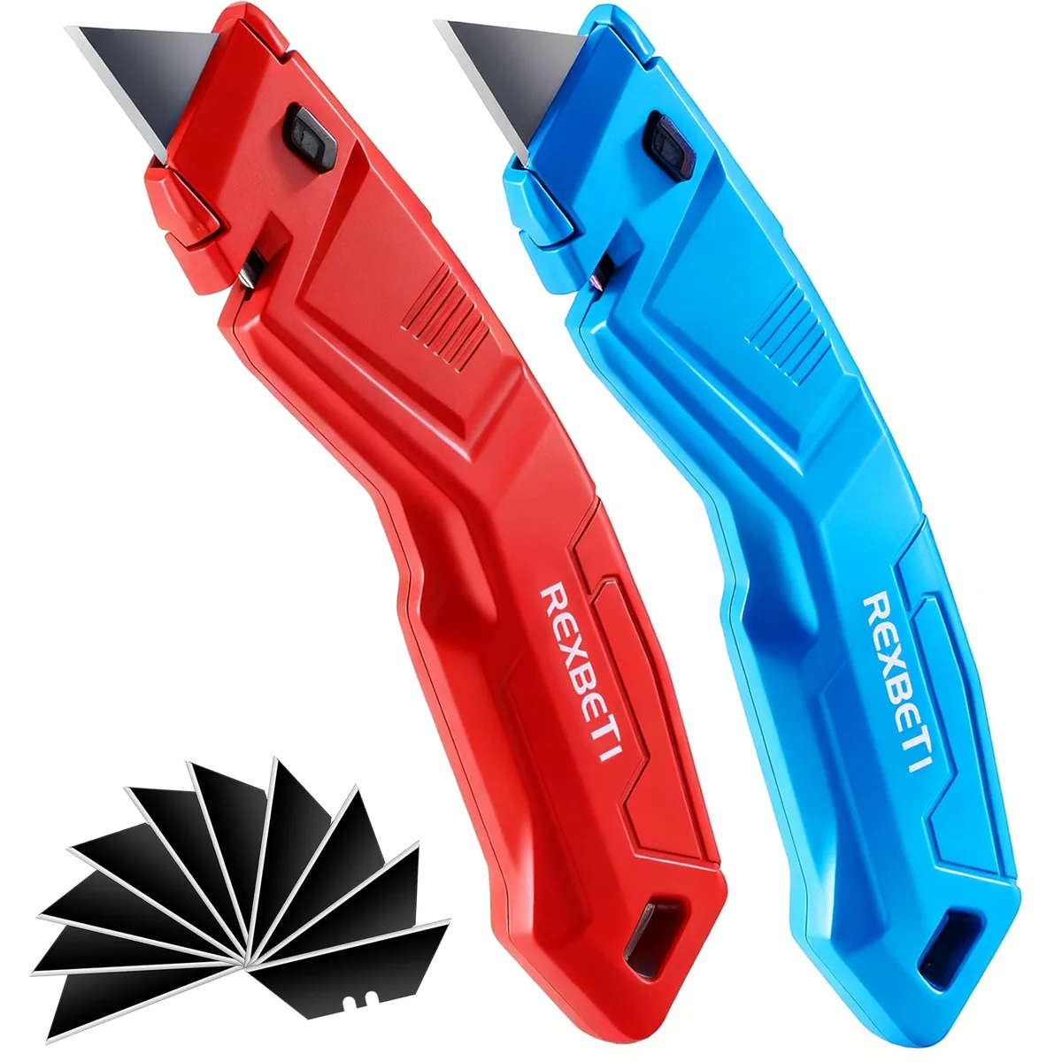 Two retractable utility knives in blue and red aluminium alloy handles with twelve SK2 steel blades