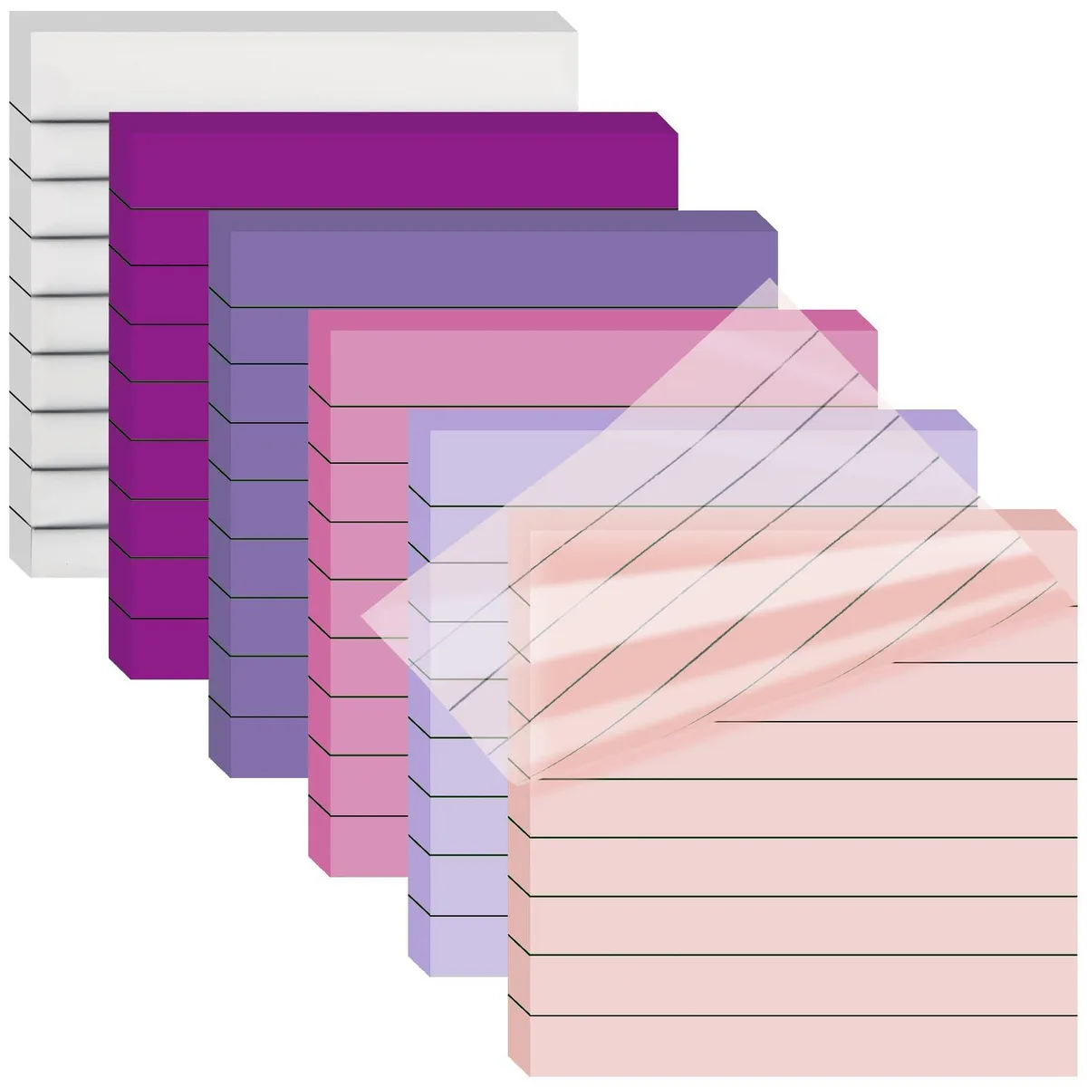 Purple transparent square sticky notes, lined, 300 sheets in six pads