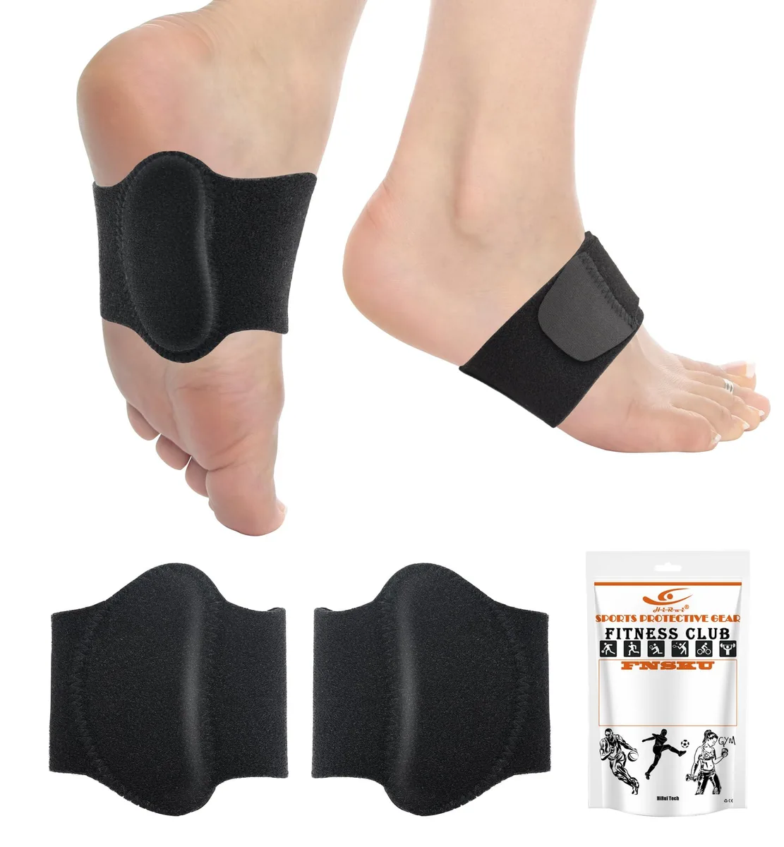 Pair of black neoprene arch support wraps with gel pads