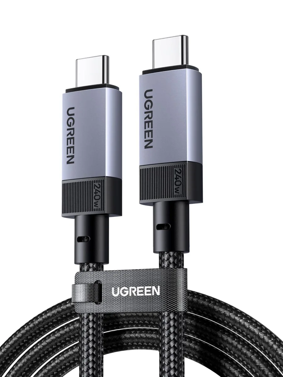 Black braided USB-C to USB-C cable, one metre long, aluminium connectors