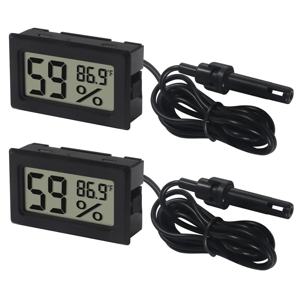 Two black mini digital thermometer hygrometers with probes and LCD screens