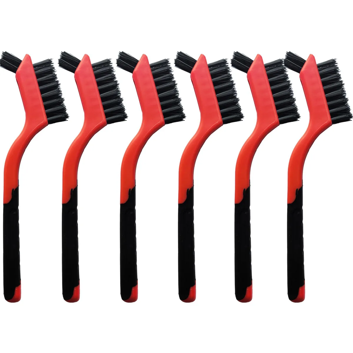Six nylon dual-head cleaning brushes with ergonomic handles and hanging holes