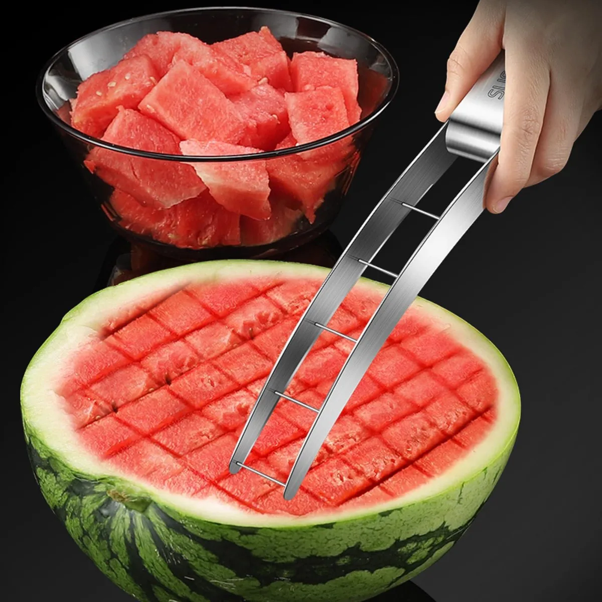 Large silver stainless steel watermelon cutter slicer with cubing grid design