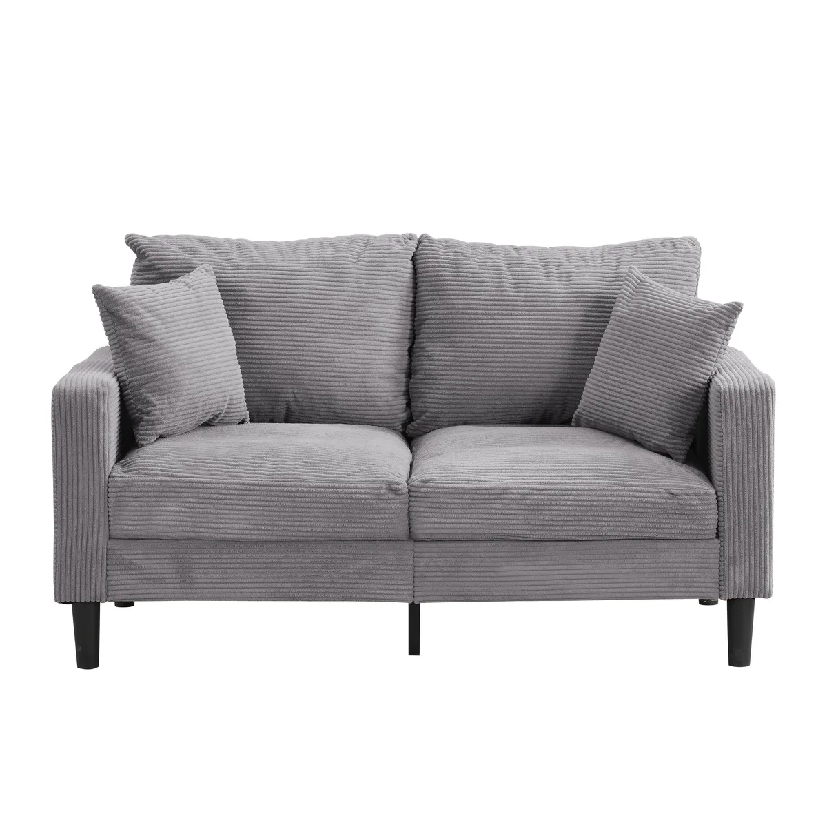 Light gray corduroy loveseat sofa, 57 inches wide, wooden frame, two seat cushions and two pillows