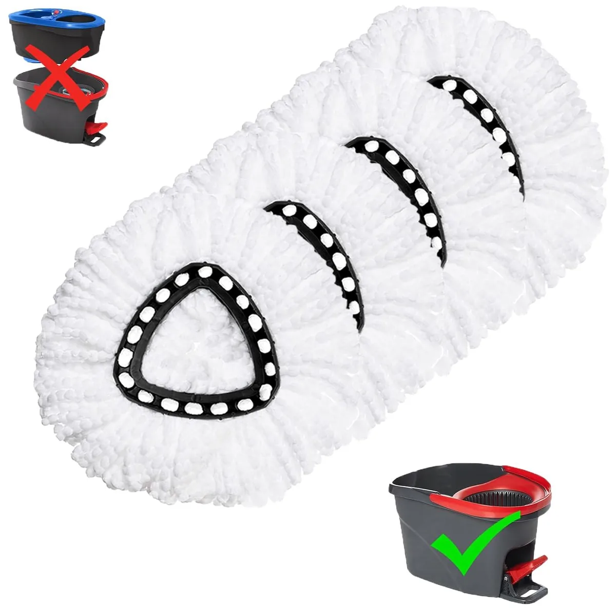 Four white microfiber mop heads with triangular frames