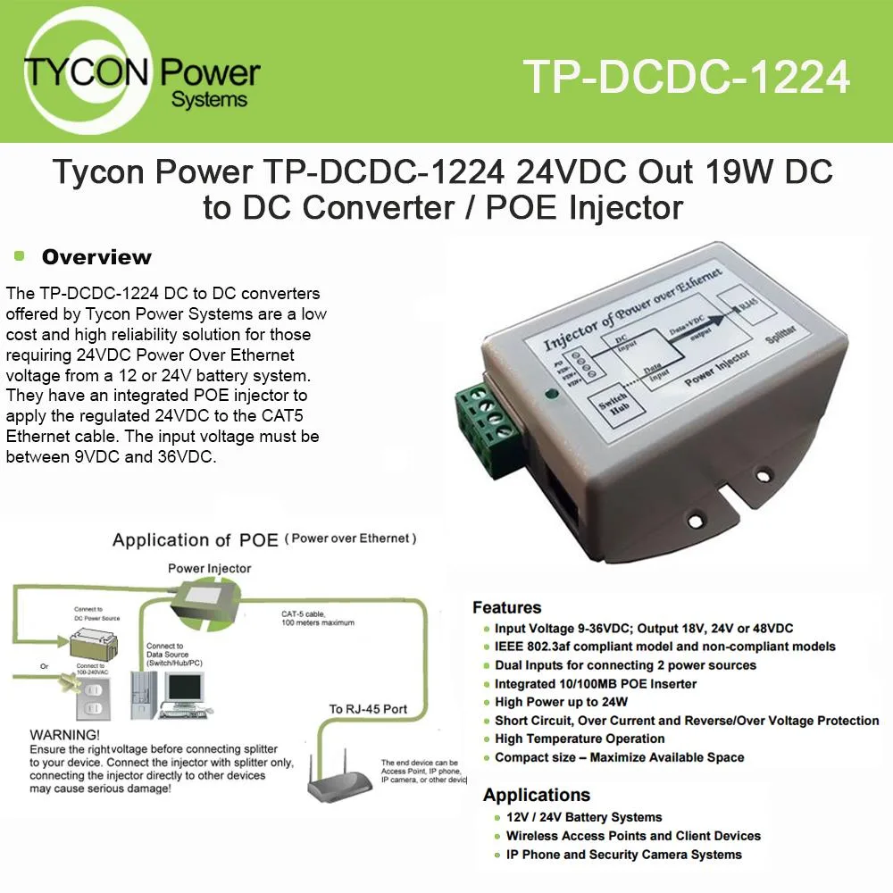 Tycon Power Tycon Power TP-DCDC-1224 9-36VDC In 24VDC Out 19W DC-DC Converter POE Insulated — product photo