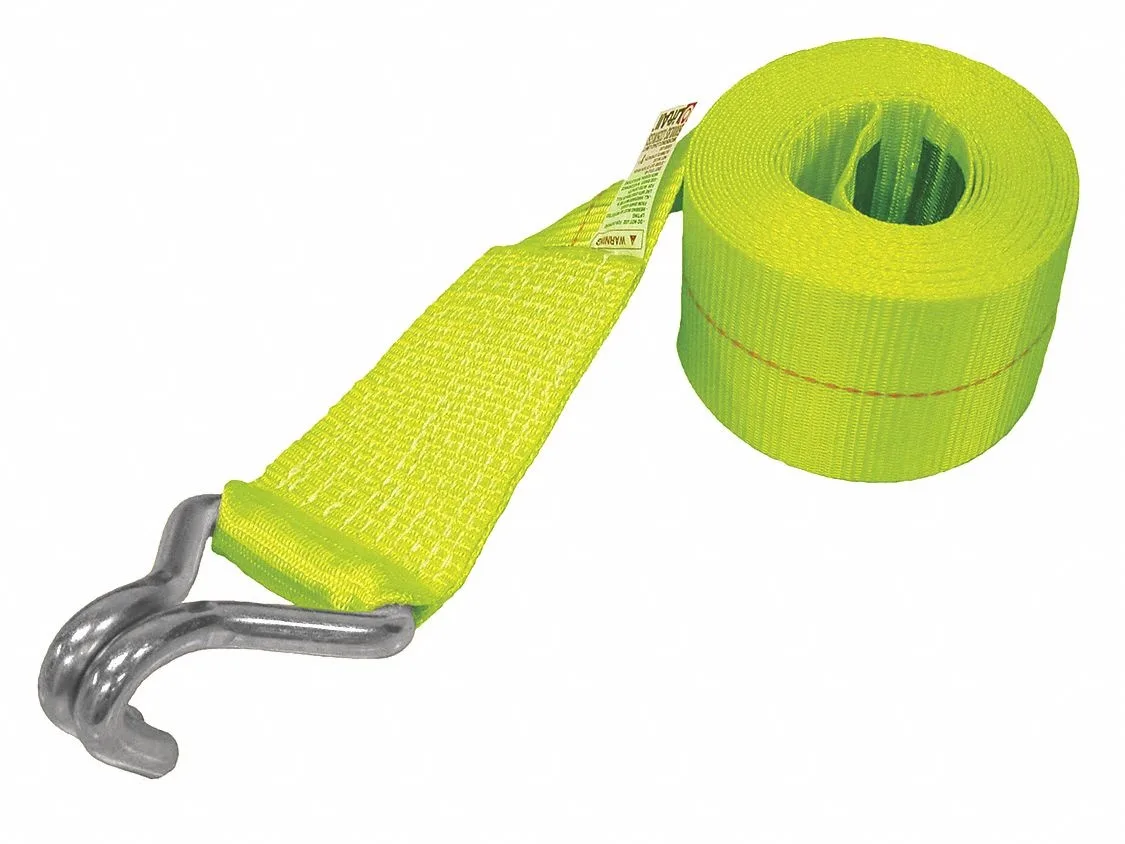 Yellow polyester winch strap 27 ft long 4 in wide with steel wire hook end