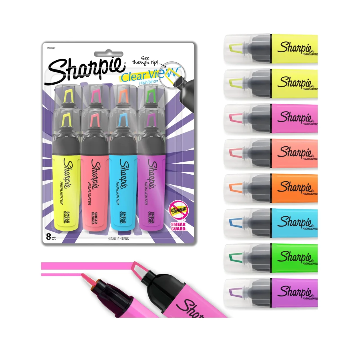 Eight clear plastic highlighters with chisel tips in assorted fluorescent colours