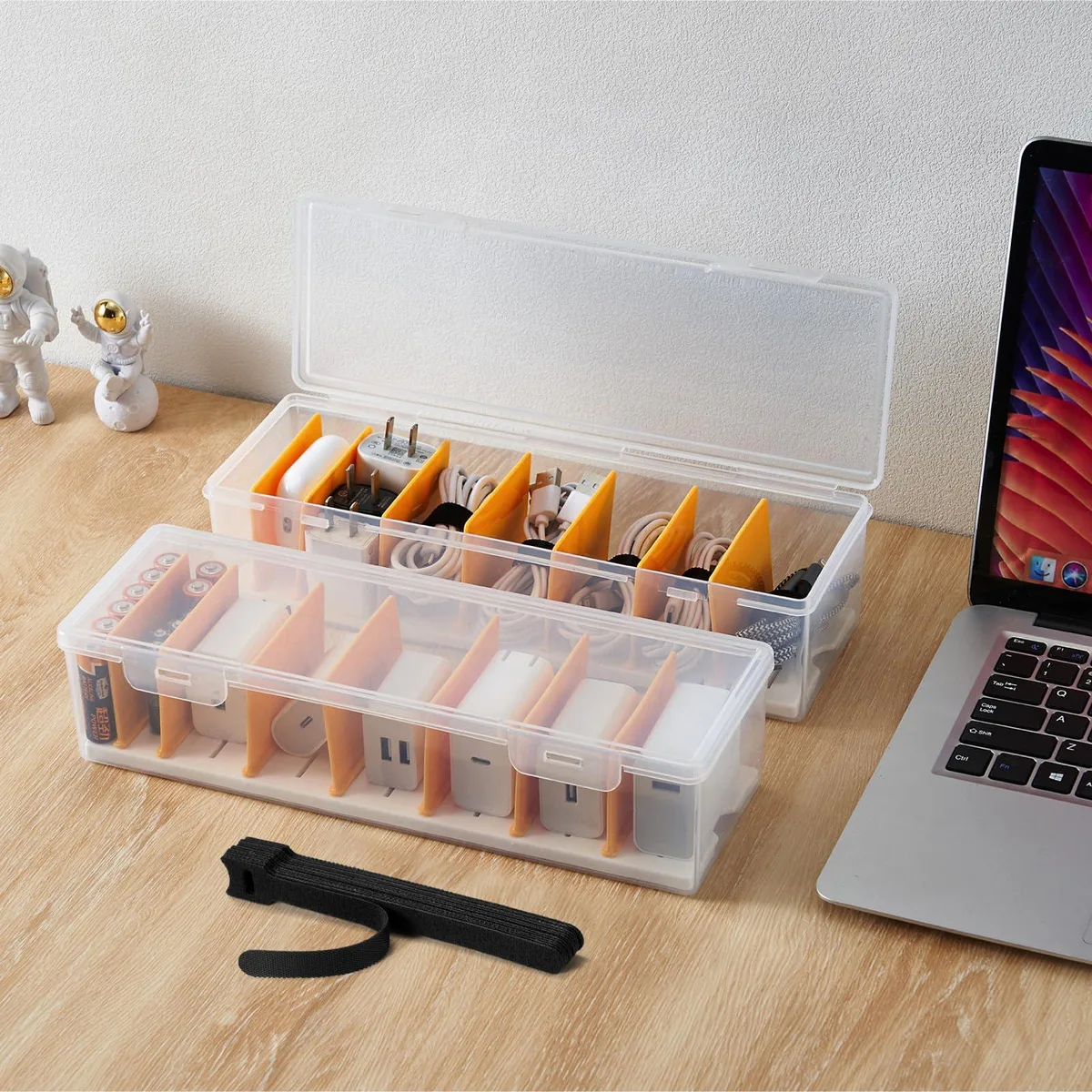 Two transparent plastic boxes with lids and removable dividers, plus cable ties