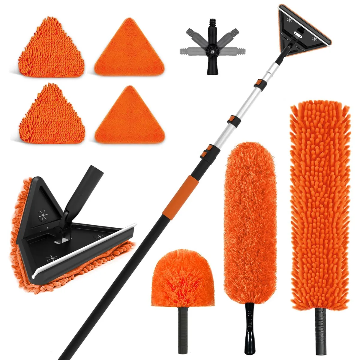 White telescoping pole kit with triangle mop, cobweb duster and fan duster attachments