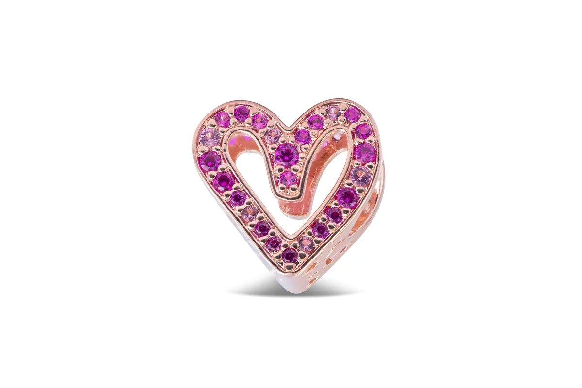 PANDORA PANDORA Sparkling Ruby Red &amp; Pink Freehand Heart Charm 14k rose gold-plated silver tone bracelet — product photo