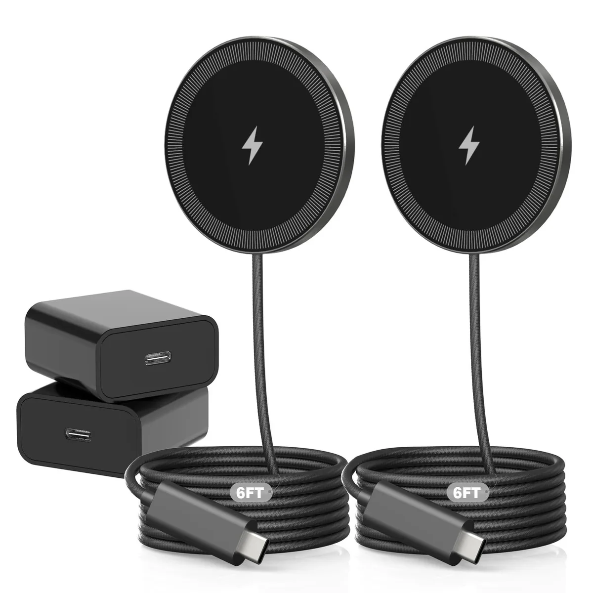 Two black magnetic wireless charging pads with 6ft cables and USB-C plugs