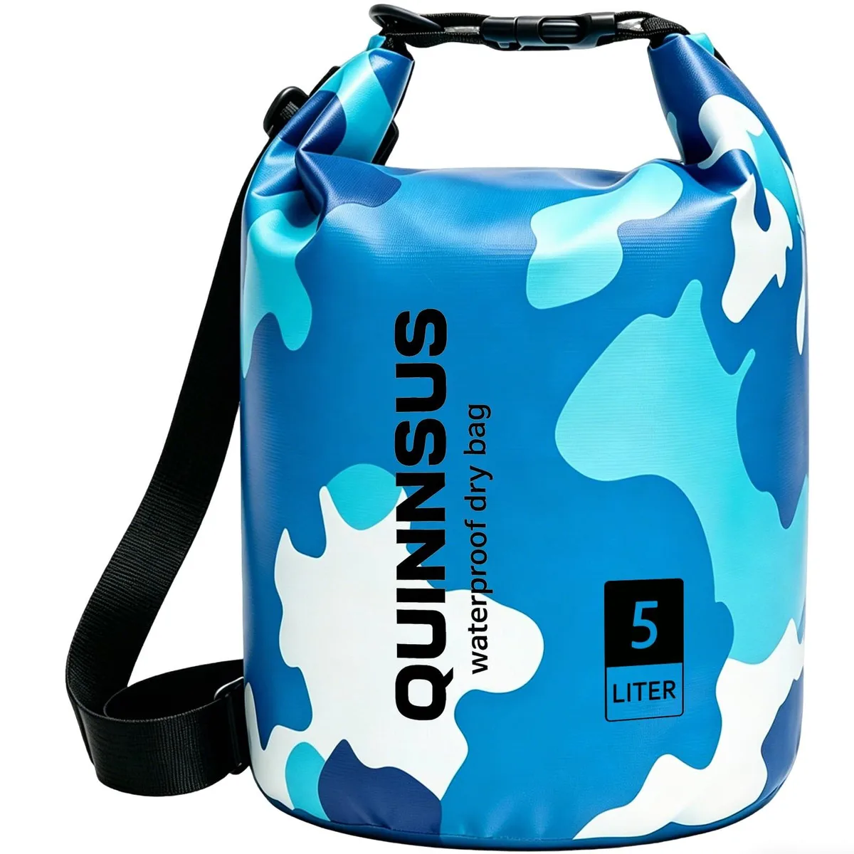 Blue camouflage 5L roll-top dry bag in 500D PVC with single detachable strap